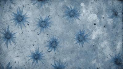 The primary subject of the image is a pattern of blue flowers on a blue background. The setting appears to be a blue surface, possibly a wall or a piece of artwork. The visual style of the image is a combination of digital art and illustration, creating a unique and eye-catching design. The dominant colors in the image are blue and white, giving it a calm and serene atmosphere.