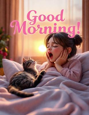 The primary subject of the image is a young girl lying in bed, with a cat beside her. The setting is a cozy bedroom, and the visual style is a photo. The colors and mood of the image are warm and inviting, with the girl and the cat creating a sense of comfort and relaxation.