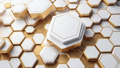 The primary subject of the image is a white and gold geometric shape, which appears to be a decorative piece or a part of a larger pattern. The setting is a honeycomb-like background, which adds to the visual style of the image. The colors and mood of the image are predominantly white and gold, giving it a clean and elegant appearance.