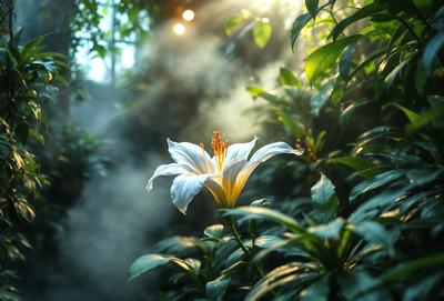 The primary subject of the image is a white flower with yellow petals, which is located in a lush green forest. The setting is a dense forest with many trees surrounding the flower. The visual style of the image is a photo, capturing the beauty of the flower in its natural environment. The colors in the image are predominantly green and white, creating a serene and peaceful atmosphere.