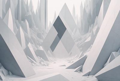 The primary subject of the image is a white, three-dimensional structure, possibly a sculpture or a model of a building. The setting is a white, rocky landscape, which creates a contrasting and visually striking backdrop. The visual style of the image is digital art, as it appears to be a computer-generated or digitally rendered scene. The colors and mood of the image are predominantly white, giving it a clean, minimalist, and futuristic appearance.
