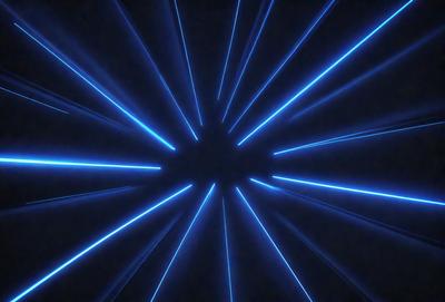 The primary subject of the image is a blue light, which appears to be a neon light or a blue laser beam. The light is shining through a circular opening, creating a visually striking scene. The setting is a dark background, which contrasts with the bright blue light. The visual style of the image is a combination of a photo and a digital art or illustration, as the light appears to be digitally manipulated or created. The colors and mood of the image are predominantly blue, with a sense of