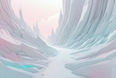 The primary subject of the image is a white, snowy mountain with a long, winding path carved through it. The setting is a mountainous landscape with a pink sky in the background. The visual style is digital art, as the mountain and path are rendered in a 3D environment. The colors and mood of the image are predominantly white and pink, creating a serene and peaceful atmosphere.