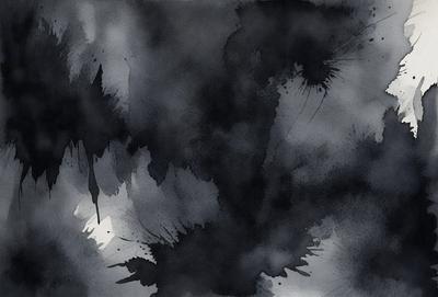 The primary subject of the image is a black and white painting of a tree. The setting is a dark, moody forest with a black background. The visual style is a painting, and the colors and mood are dark and dramatic.