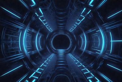The primary subject of the image is a futuristic, blue-lit tunnel or passage. The setting is a dark, enclosed space with a blue glow illuminating the area. The visual style is a digital art or illustration, creating a sense of depth and intrigue. The dominant colors are blue and black, giving the scene a futuristic and mysterious atmosphere.