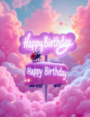 The primary subject of the image is a pink birthday sign with a ladybug sitting on top of it. The setting is a pink cloudy background, which adds a whimsical and playful atmosphere to the scene. The visual style is a digital art or illustration, creating a vibrant and colorful scene. The colors and mood are predominantly pink, which is associated with celebration and joy.