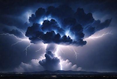 The primary subject of the image is a large, dark cloud with lightning bolts streaking through it. The cloud is situated in a dark, cloudy sky, creating a dramatic and intense atmosphere. The setting is a nighttime cityscape, with the cloud looming over the city's buildings and lights. The visual style of the image is a combination of photo and digital art, with the cloud and lightning bolts appearing as if they are painted or digitally rendered. The colors and mood of the image are