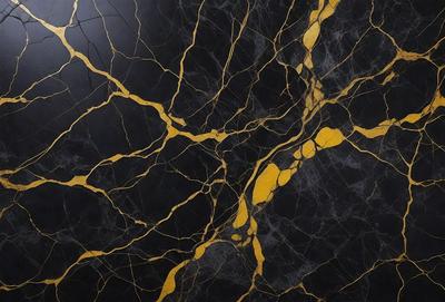 The primary subject of the image is a black and gold marble countertop. The setting is a kitchen, with the countertop being the main focus of the scene. The visual style is a close-up of the marble countertop, showcasing its intricate patterns and textures. The dominant colors are black and gold, creating a luxurious and elegant atmosphere.