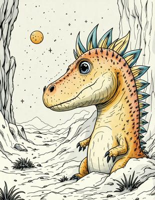 The primary subject of the image is a large, colorful dinosaur with a spiky head, sitting on a rocky surface. The dinosaur appears to be looking at the camera, giving the impression of a friendly and curious creature. The setting is a rocky landscape, with a backdrop of a night sky featuring a moon. The visual style of the image is a combination of digital art and illustration, creating a vibrant and engaging scene. The colors and mood of the image are predominantly warm