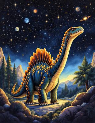 Primary subject: Dinosaur
Setting/background: A night sky with stars and planets, a forest with trees, and a mountain in the distance.
Visual style: Digital art
Colors and mood: The dinosaur is blue and yellow, and the overall atmosphere is serene and peaceful.