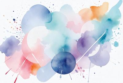 The primary subject of the image is a colorful, abstract painting featuring a variety of shapes and colors. The setting is a white background, which provides a clean and minimalist appearance. The visual style is a combination of digital art and illustration, creating a unique and vibrant artwork. The dominant colors in the painting are blue, purple, and orange, which contribute to a lively and energetic atmosphere.