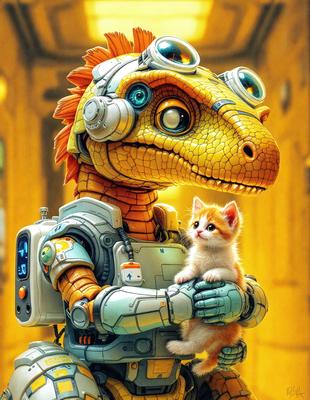 The primary subject of the image is a robot holding a small kitten. The robot is wearing a silver suit and has a red mane. The setting is a room with a clock on the wall. The visual style is digital art, and the colors are predominantly silver and orange. The overall atmosphere is warm and friendly, as the robot and the kitten appear to be enjoying each other's company.