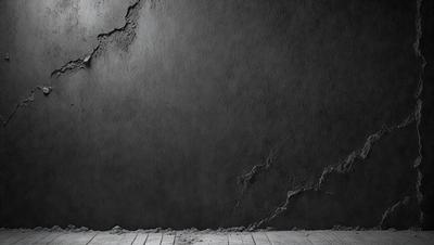 The primary subject of the image is a large, black, textured wall. The setting is a dark room, and the visual style is a black and white photo. The dominant colors are black and white, creating a moody atmosphere.