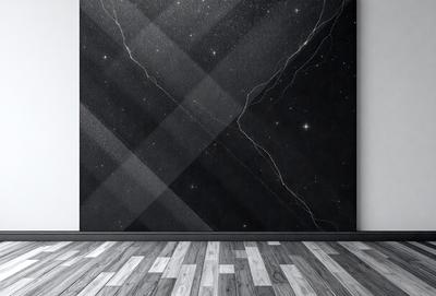 The primary subject of the image is a black and white painting of a starry night sky. The setting is a room with a wooden floor, and the visual style is a painting. The dominant colors are black and white, creating a dramatic and moody atmosphere.