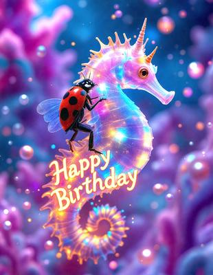 The primary subject of the image is a colorful, rainbow-colored unicorn with a ladybug riding on its back. The setting is a vibrant, pink and purple background, which adds to the overall cheerful and lively atmosphere of the scene. The visual style is a digital art or illustration, showcasing the creativity and imagination behind the design. The colors and mood of the image are bright, fun, and playful, making it an ideal choice for a birthday celebration