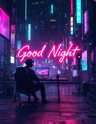The primary subject of the image is a man sitting at a desk with a laptop. He is wearing a jacket and appears to be working or engaging in some activity on the computer. The setting is a futuristic cityscape, with a neon-lit environment and a backdrop of skyscrapers. The visual style is a digital art or illustration, creating a vibrant and dynamic atmosphere. The colors and mood of the image are predominantly pink and purple, giving it a