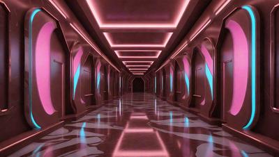 The primary subject of the image is a long, narrow hallway with a reflective surface. The setting is a futuristic environment, possibly a space station or a high-tech building. The visual style is a combination of photo and digital art, creating a unique and intriguing atmosphere. The colors and mood are predominantly dark and moody, with the reflective surface adding a sense of depth and intrigue to the scene.