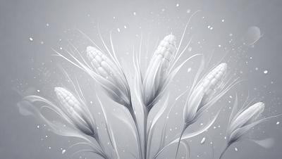 The primary subject of the image is a close-up of a white corn plant with multiple ears of corn. The setting is a white background, which creates a clean and minimalist appearance. The visual style is a digital art or illustration, as the corn plant is depicted in a detailed and artistic manner. The dominant colors are white and gray, giving the image a calm and serene atmosphere.