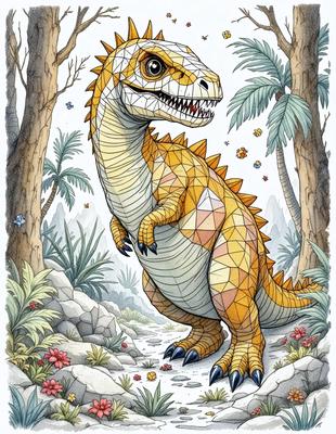 The primary subject of the image is a large, colorful, and patterned dinosaur, possibly a crocodile or a lizard, standing in a jungle-like environment. The dinosaur is surrounded by a variety of plants, including palm trees and flowers. The visual style of the image is a combination of digital art and illustration, creating a vibrant and lively atmosphere. The colors and mood of the image are predominantly warm and lush, with the dinosaur being the foc