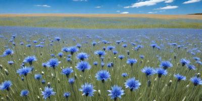The primary subject of the image is a field of blue flowers, with a variety of different types of flowers. The setting is a grassy field, and the visual style appears to be a photo of the flowers in their natural environment. The colors and mood of the image are predominantly blue, creating a serene and peaceful atmosphere.