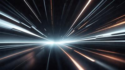 The primary subject of the image is a bright light, which appears to be a lightning bolt or a beam of light. The light is illuminating a dark background, creating a striking contrast. The setting is a black background, which further emphasizes the bright light. The visual style of the image is a combination of a photo and digital art, as it captures the light's movement and intensity. The colors and mood of the image are predominantly dark, with the bright light serving as the focal point and creating
