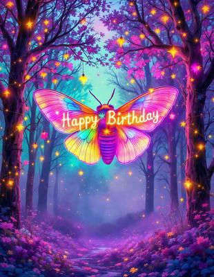 The primary subject of the image is a butterfly, which is the main object, scene, or focus of the image. The setting/background features a forest with trees and flowers, creating a natural and serene atmosphere. The visual style of the image is digital art, as it is a digital illustration of a butterfly. The colors and mood of the image are predominantly purple, creating a sense of calmness and beauty.