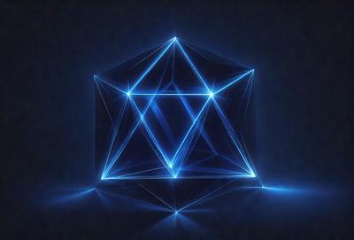The primary subject of the image is a blue, three-dimensional geometric shape, which appears to be a cube or a pyramid. The setting is a dark blue background, which contrasts with the bright blue geometric shape. The visual style of the image is digital art, as it is a computer-generated representation of the geometric shape. The dominant colors in the image are blue, creating a calm and serene atmosphere.