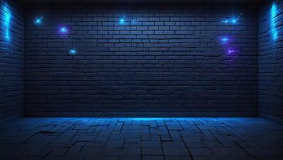 The primary subject of the image is a brick wall with a blue glow. The setting is a dark room, and the visual style appears to be a digital art or illustration. The dominant colors are blue and black, creating a moody atmosphere.