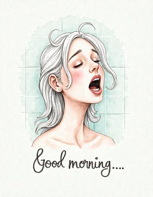 The primary subject of the image is a woman with blonde hair, who is singing or yawning while standing in a bathroom. The setting is a bathroom, with a sink visible in the background. The visual style is a combination of digital art and illustration, creating a unique and artistic representation of the woman. The colors and mood of the image are predominantly white and gray, giving it a calm and serene atmosphere.