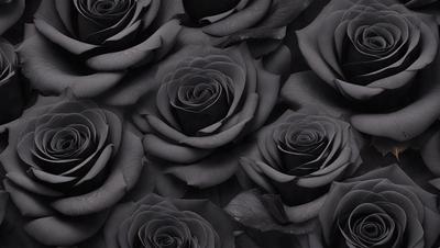 The primary subject of the image is a close-up of a group of black roses. The setting is a black and white background, which adds a classic and elegant touch to the scene. The visual style is a combination of a photo and a drawing, creating a unique and artistic representation of the black roses. The colors and mood of the image are predominantly black, which gives it a dramatic and sophisticated appearance.
