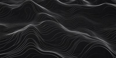 The primary subject of the image is a black and white pattern of waves, which creates a visually striking and dynamic scene. The setting is a black background, which emphasizes the contrast between the waves and the background. The visual style is a combination of digital art and illustration, as the waves are depicted in a detailed and artistic manner. The colors and mood of the image are predominantly black and white, giving it a bold and dramatic appearance.