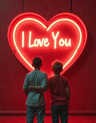 The primary subject of the image is two young boys standing next to each other, with their arms around each other. They are positioned in front of a large, red heart-shaped sign. The setting appears to be an indoor space, possibly a room or a hallway. The visual style of the image is a combination of photo and digital art, creating a unique and eye-catching scene. The dominant colors in the image are red and white, which contribute to a warm and friendly atmosphere.