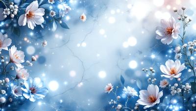 The primary subject of the image is a blue background with a white flower. The setting is a blue sky with a few white flowers scattered throughout the scene. The visual style is a digital art or illustration, creating a vibrant and lively atmosphere. The dominant colors are blue and white, with the white flowers adding a touch of natural beauty to the scene.