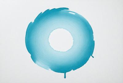 The primary subject of the image is a blue circle, which is the main object, scene, or focus of the image. The setting is a white background, and the visual style is a digital art or illustration. The dominant colors are blue and white, creating a calm and serene atmosphere.