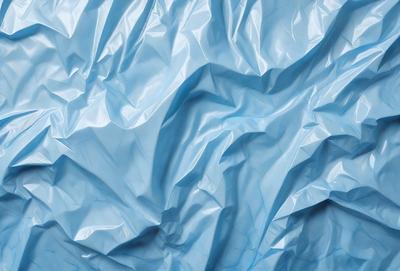 The primary subject of the image is a blue plastic sheet, which is the main object, scene, or focus of the image. The setting/background consists of a blue surface, which could be a wall or a piece of fabric. The visual style of the image is a close-up of the blue plastic sheet, showcasing its texture and details. The colors and mood of the image are predominantly blue, creating a calm and serene atmosphere.