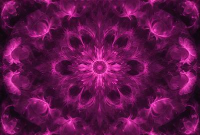 The primary subject of the image is a large, purple flower with a yellow center. The flower is surrounded by a pink background, which adds to the overall purple and pink color scheme. The visual style of the image is a close-up of the flower, showcasing its details and beauty. The colors and mood of the image are vibrant and lively, with the purple and pink hues creating a sense of warmth and energy.