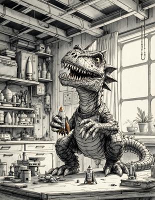 The primary subject of the image is a large, anthropomorphic dinosaur, likely a T-Rex, sitting in a room. The setting is a room with a counter, cabinets, and a window. The visual style is a combination of digital art and illustration, creating a unique and engaging scene. The colors and mood of the image are predominantly dark, with the dinosaur being the main focus and source of interest.