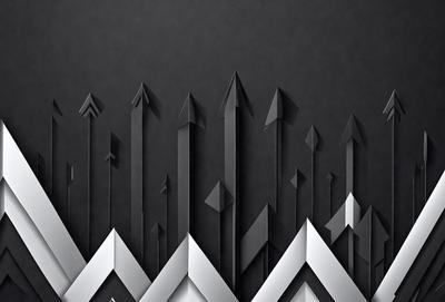 The primary subject of the image is a collection of arrows, which are the main objects in the scene. The setting is a black background, which creates a contrast with the arrows. The visual style is a combination of digital art and illustration, as the arrows are depicted in a stylized manner. The colors and mood of the image are predominantly black and white, giving it a modern and minimalist appearance.