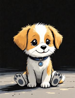 The primary subject of the image is a small, cute, and fluffy dog sitting on the ground. The dog is wearing a collar and appears to be smiling. The setting is a dark room, which adds a sense of mystery to the scene. The visual style is a hand-drawn illustration, giving the image a unique and artistic appearance. The colors and mood of the image are predominantly dark, with the dog's fur and the collar being the main sources of light and warmth