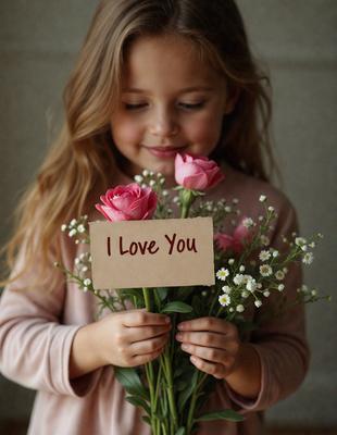 The primary subject of the image is a young girl holding a bouquet of pink roses. The setting is a room with a wall visible in the background. The visual style is a photo, capturing the girl's joyful expression as she holds the flowers. The colors and mood of the image are predominantly pink, creating a warm and loving atmosphere.