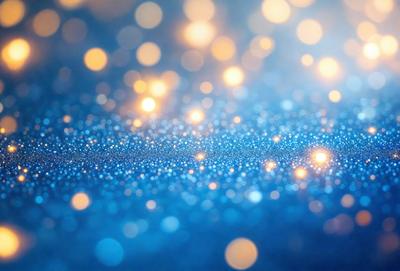 The primary subject of the image is a blue background with a pattern of bright, shining lights. The setting appears to be a dark room, and the visual style is a combination of a photo and digital art. The colors and mood of the image are predominantly blue, with the bright lights adding a sense of energy and excitement.
