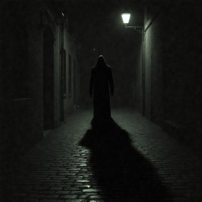 The primary subject of the image is a person dressed in a long black robe, standing on a brick road at night. The person appears to be a ghost or a person in a costume, possibly a wizard or a vampire. The setting is a dark alley with a street light illuminating the area. The visual style of the image is a black and white photo, which adds to the eerie and mysterious atmosphere. The colors and mood of the image are predominantly dark and moody, with