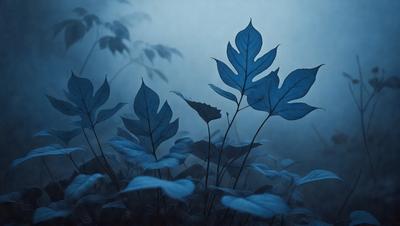 The primary subject of the image is a leafy plant with blue leaves, which is the main focus of the image. The setting is a forest, with the plant surrounded by trees and other plants. The visual style is a photo, capturing the natural beauty of the plant in its environment. The colors and mood of the image are predominantly blue, creating a serene and peaceful atmosphere.