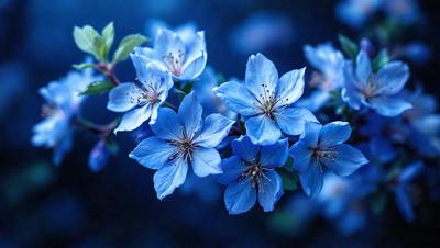 The primary subject of the image is a beautiful blue flower with a yellow center. The flower is surrounded by a blue background, which adds to the overall visual style. The colors and mood of the image are serene and calming, as the blue flowers create a peaceful and tranquil atmosphere.