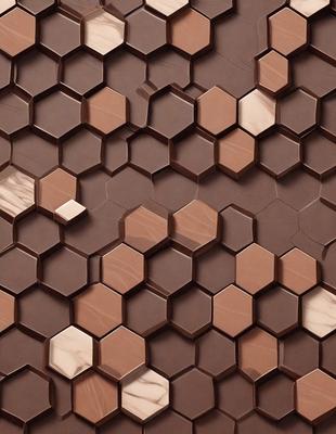 The image features a close-up of a marbled surface with a pattern of hexagonal shapes. The surface appears to be made of marble or a similar material, and the hexagons are arranged in a way that creates a visually appealing pattern. The colors in the image are predominantly brown, which adds to the warm and natural atmosphere of the scene. The close-up view of the marbled surface highlights the intricate details of the pattern and the material itself.