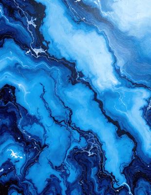 The primary subject of the image is a painting of a blue and white ocean. The setting is a blue and white ocean, and the visual style is a painting. The dominant colors are blue and white, creating a serene and calming atmosphere.