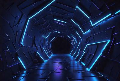 The primary subject of the image is a tunnel with a blue light illuminating it. The setting is a dark, enclosed space, and the visual style appears to be a digital art or illustration. The dominant colors are blue and purple, creating a moody and atmospheric ambiance.