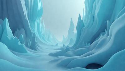 The primary subject of the image is a large, blue, icy mountain with a snowy texture. The setting is a vast, snowy landscape with a mountain range in the background. The visual style is a digital art or illustration, creating a sense of depth and intricacy in the scene. The dominant colors are blue and white, giving the image a cold and icy atmosphere.
