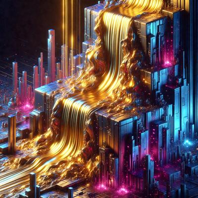 The primary subject of the image is a digital art piece featuring a large, multi-layered structure with a gold and blue color scheme. The setting is a futuristic, technological environment, likely a computer-generated or digital artwork. The visual style is a combination of digital art and illustration, creating a unique and intricate design. The dominant colors are gold and blue, giving the artwork a sense of sophistication and elegance.