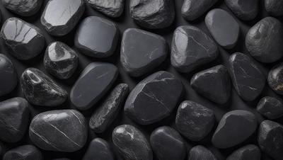 The primary subject of the image is a large collection of black rocks. The setting is a black background, which creates a striking contrast with the rocks. The visual style is a close-up of the rocks, showcasing their unique shapes and textures. The dominant colors are black, which creates a dramatic and moody atmosphere.